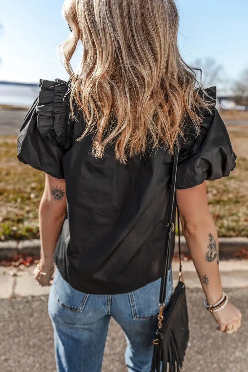 Black Ruffled Puff Short Sleeve Loose Blouse for Women - Love Salve